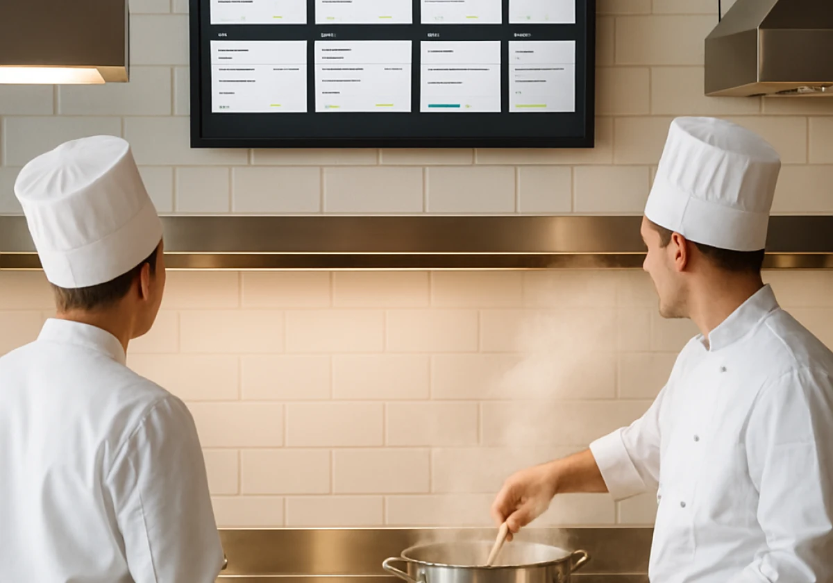Kitchen display system screen mounted on the wall above the pass