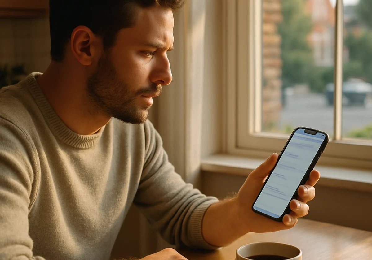 Man at a kitchen table in morning sunlight holding an iPhone