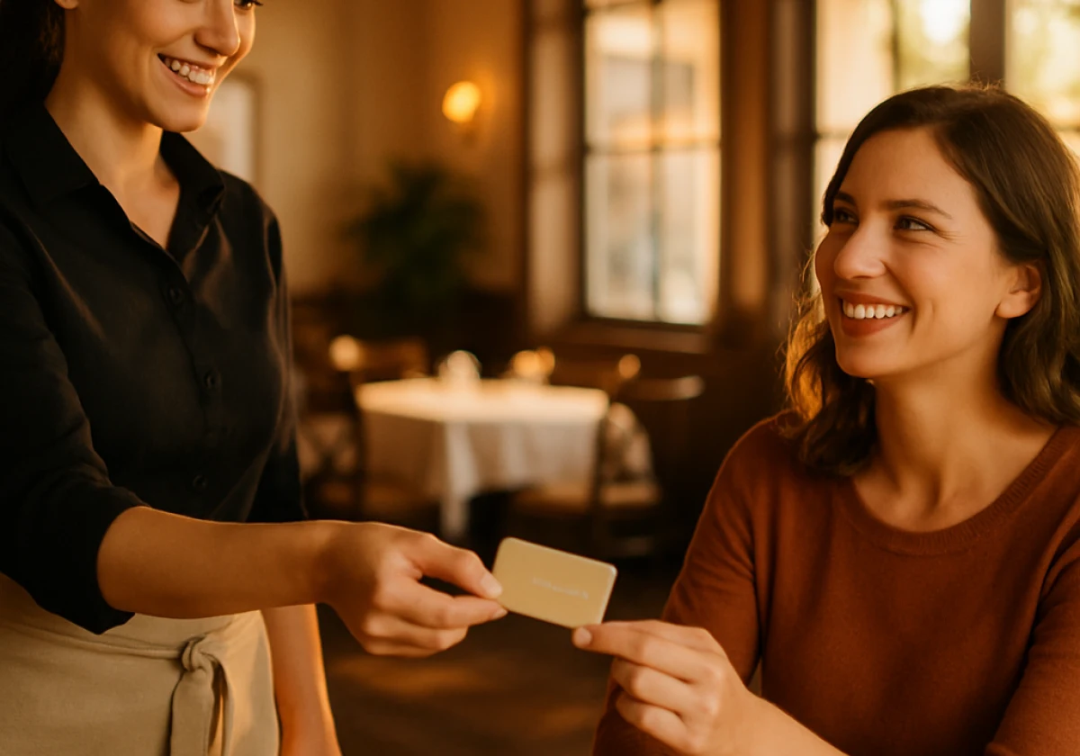 Restaurant server handing a physical loyalty card across a wooden