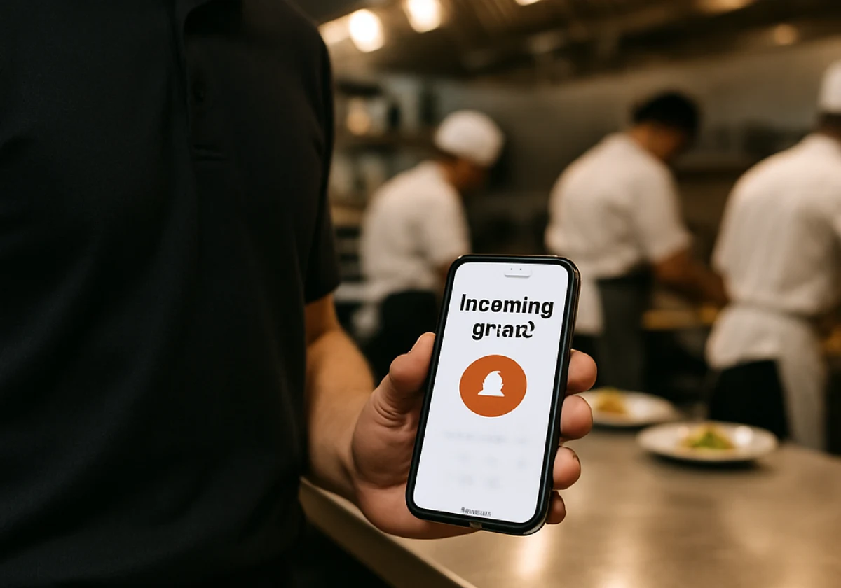 Server holding a smartphone displaying an incoming online food order