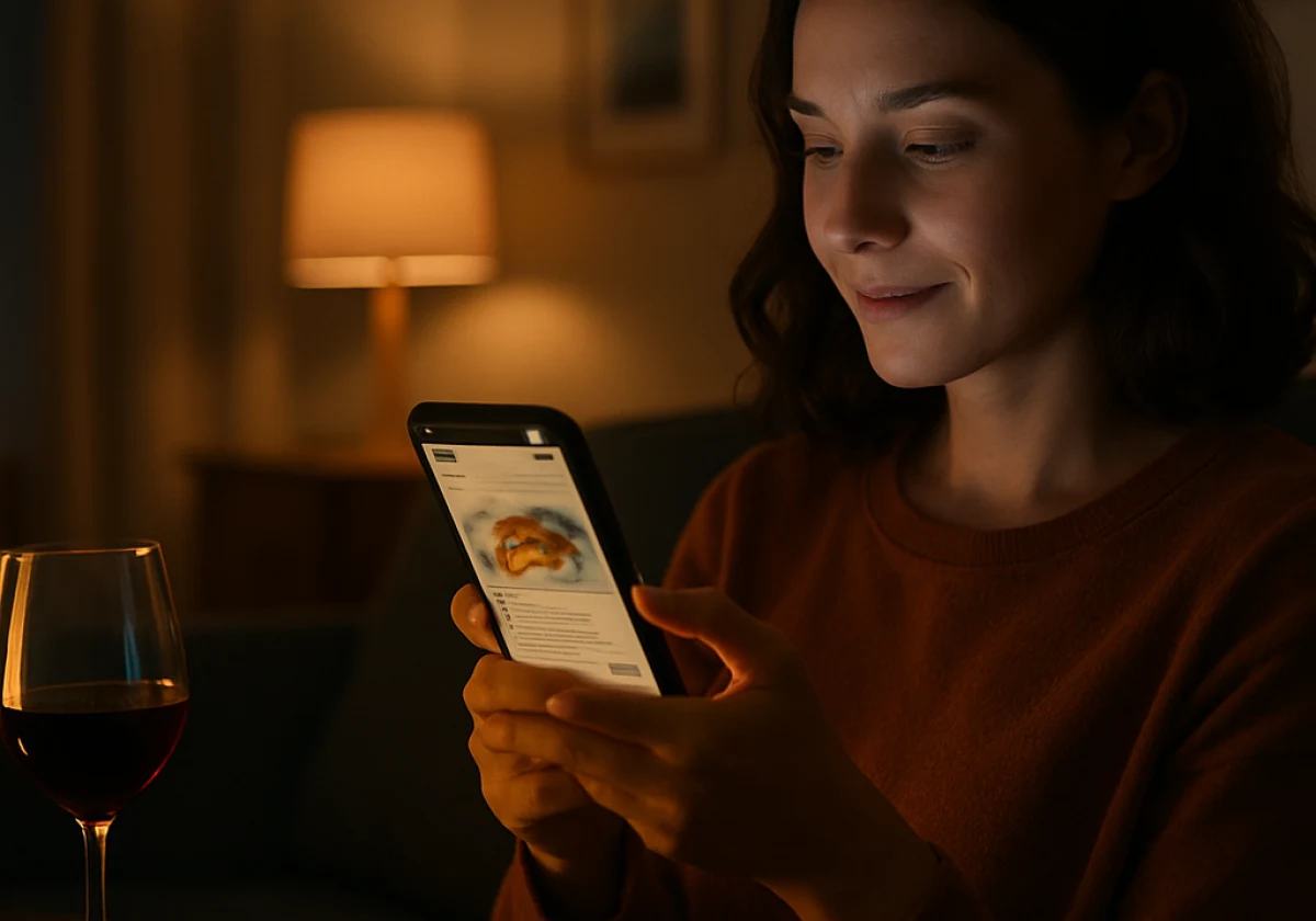 Woman sitting on a home couch in late evening